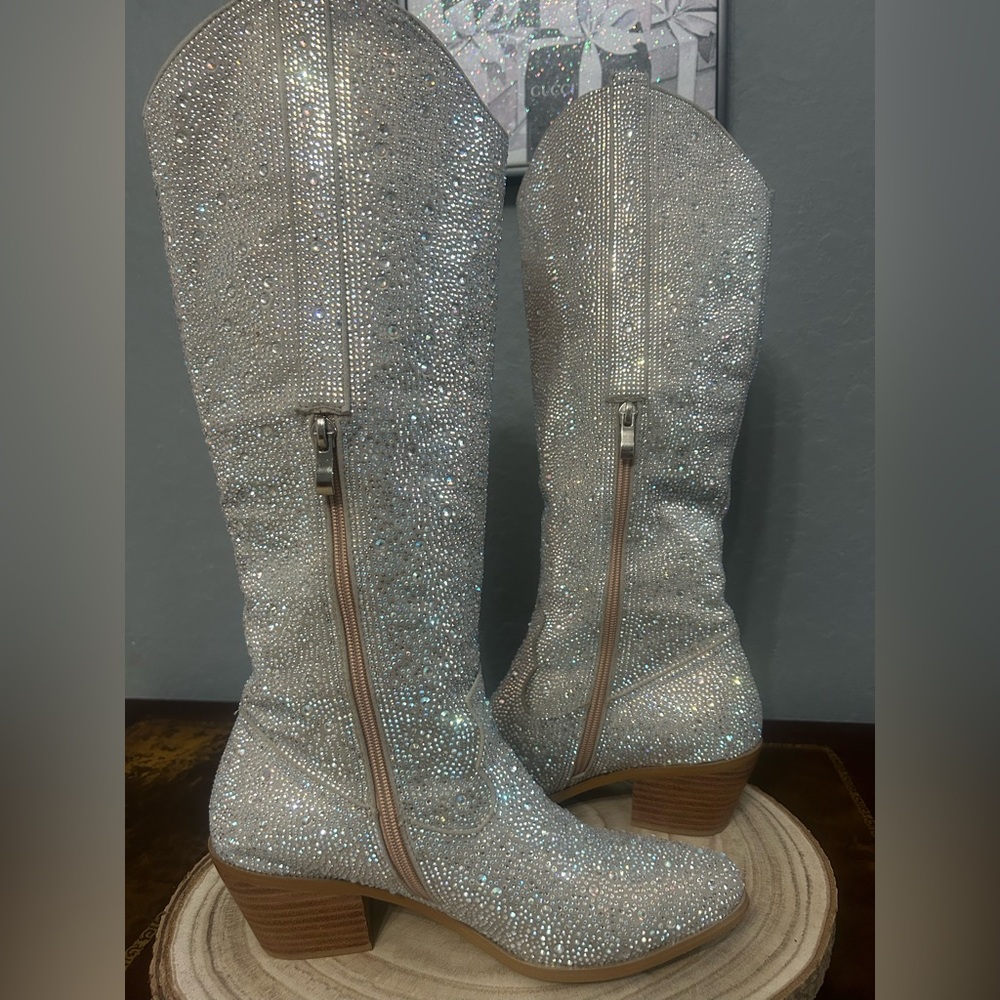 Silver Sparkly Rhinestone Knee High Boots Size 8.5 #954 - Picture 4 of 10
